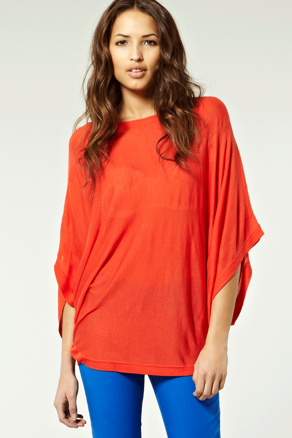 Slouchy Kimono Top - neckline: slash/boat neckline; pattern: plain; sleeve: kimono; length: below the bottom; predominant colour: true red; occasions: casual wear; style: top; material: acrylic mix; material texture: jersey; fit: loose; trends: brights