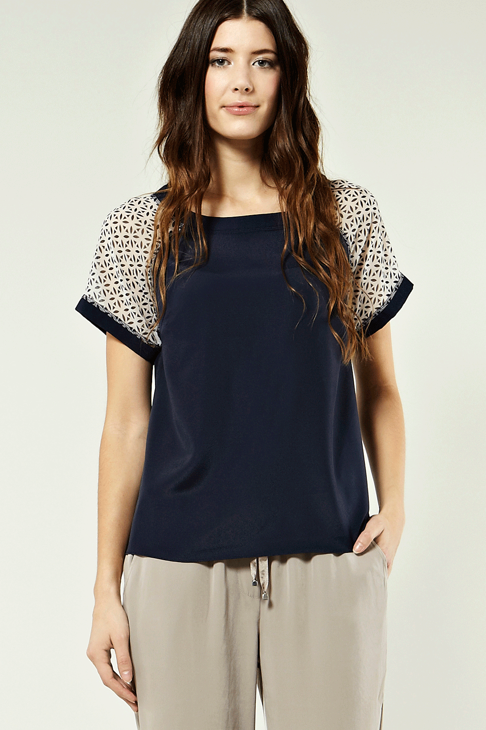 Bali Geo Top. - neckline: slash/boat neckline; sleeve: short sleeve; pattern: plain, print, abstract; predominant colour: dark navy; occasions: casual wear, evening wear, work wear; length: standard; style: top; material: 100% polyester; fit: loose; trends: prints
