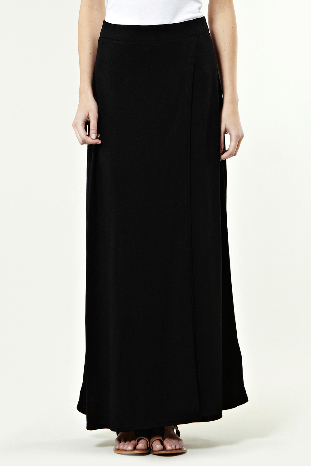 Maxi Wrap Skirt - pattern: plain; style: wrap/faux wrap; length: ankle length; fit: body skimming; waist detail: fitted waist; waist: mid/regular rise; predominant colour: black; occasions: casual wear, evening wear; material: 100% synthetic; hip detail: soft pleats at hip/draping at hip