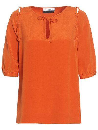 London Button Detail Blouse, Lava - pattern: plain; style: blouse; predominant colour: bright orange; occasions: evening, occasion; length: standard; neckline: peep hole neckline; fibres: silk - 100%; fit: straight cut; shoulder detail: added shoulder detail; trends: brights; sleeve length: 3/4 length; sleeve style: standard; pattern type: fabric; pattern size: standard