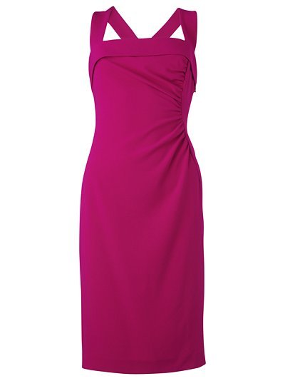 Ilay Pencil Dress, Raspberry - sleeve style: wide vest straps; style: shift; neckline: high square neck; pattern: plain; bust detail: added detail/embellishment at bust, ruching/gathering/draping/layers/pintuck pleats at bust; waist detail: fitted waist, twist front waist detail/nipped in at waist on one side/soft pleats/draping/ruching/gathering waist detail; back detail: low cut/open back; hip detail: fitted at hip; predominant colour: hot pink; occasions: evening, occasion; length: just above the knee; fit: body skimming; fibres: polyester/polyamide - mix; trends: brights; sleeve length: sleeveless; pattern type: fabric; pattern size: standard