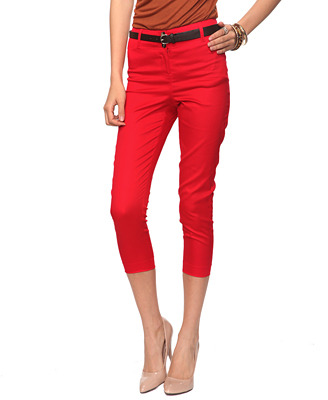 Essential Ankle Pants - pocket detail: small back pockets, pockets at the sides; waist: high rise; waist detail: belted waist/tie at waist/drawstring; predominant colour: true red; occasions: casual, evening; length: calf length; fibres: cotton - stretch; hip detail: fitted at hip (bottoms); trends: brights; fit: skinny/tight leg; style: standard