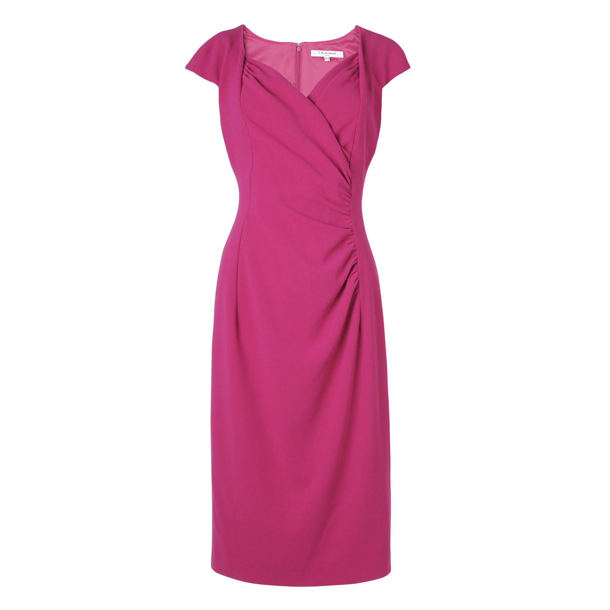 Women's Georgia Dress, Raspberry - style: shift; length: below the knee; neckline: v-neck; sleeve style: capped; pattern: plain; waist detail: twist front waist detail/nipped in at waist on one side/soft pleats/draping/ruching/gathering waist detail; predominant colour: hot pink; occasions: evening, work, occasion; fit: body skimming; fibres: polyester/polyamide - stretch; hip detail: ruching/gathering at hip; trends: brights; sleeve length: short sleeve; pattern type: fabric; pattern size: standard