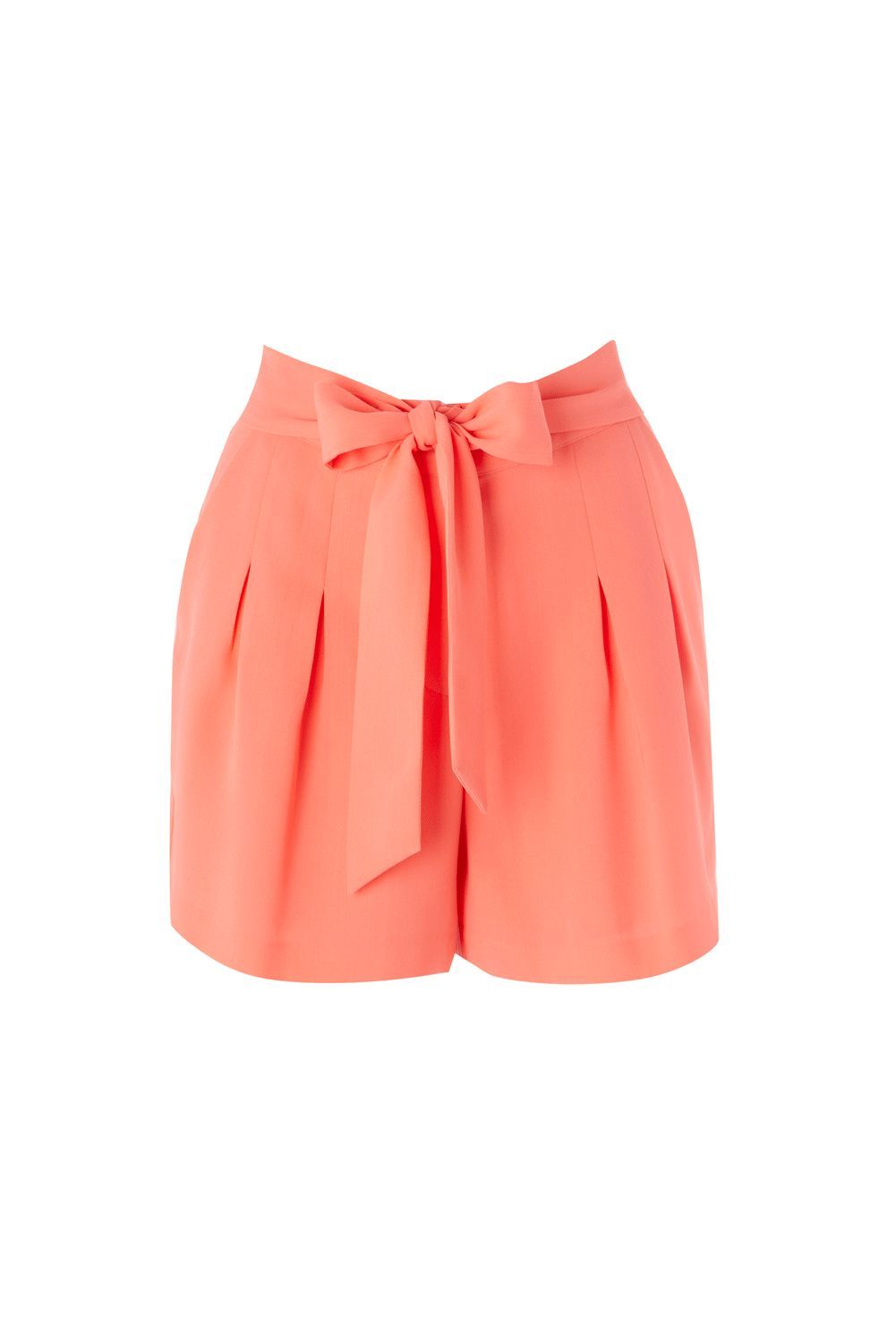 Women's Belted Crepe Shorts, Peach - style: shorts; waist detail: fitted waist, belted waist/tie at waist/drawstring; pocket detail: small back pockets, pockets at the sides; waist: high rise; length: short shorts; predominant colour: bright orange; occasions: casual, work; fibres: polyester/polyamide - 100%; material texture: jersey; hip detail: front pleats at hip level, fitted at hip (bottoms); trends: pastels; fit: straight leg; texture group: jersey - stretchy/drapey