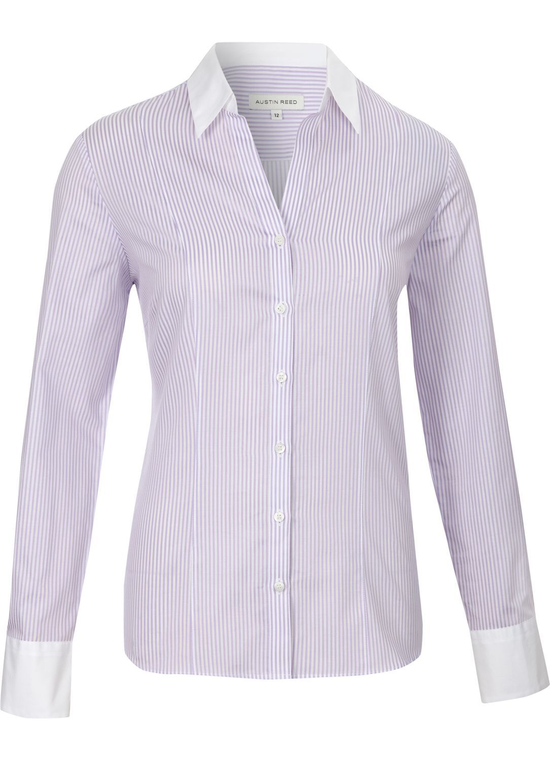 Women's Lilac Bengal Stripe Shirt, Lilac - neckline: shirt collar/peter pan/zip with opening; pattern: horizontal stripes, vertical stripes, pinstripe; waist detail: fitted waist; style: shirt; bust detail: buttons at bust (in middle at breastbone)/zip detail at bust; predominant colour: lilac; occasions: work; length: standard; fibres: cotton - 100%; fit: tailored/fitted; trends: pastels; sleeve length: long sleeve; sleeve style: standard; pattern type: fabric; pattern size: standard