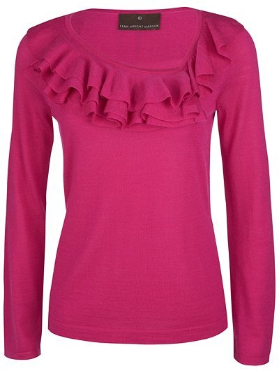 Merino Wool Frill Jumper, Fucshia - neckline: round neck; pattern: plain; shoulder detail: tiers/frills/ruffles; style: standard; bust detail: ruching/gathering/draping/layers/pintuck pleats at bust; predominant colour: hot pink; occasions: casual, evening, work; length: standard; fibres: wool - 100%; material texture: jersey; fit: slim fit; trends: brights; sleeve length: long sleeve; sleeve style: standard; pattern type: knitted - other; pattern size: standard; texture group: jersey - stretchy/drapey