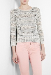 Slim Crochet Knit Jumper - neckline: round neck; pattern: lightly patterned, holey knit, patterned/print; style: standard; predominant colour: light grey; occasions: casual; length: standard; fibres: cotton - 100%; fit: slim fit; waist detail: fitted waist; trends: pastels; sleeve length: long sleeve; sleeve style: standard; pattern type: knitted - other; pattern size: small & light