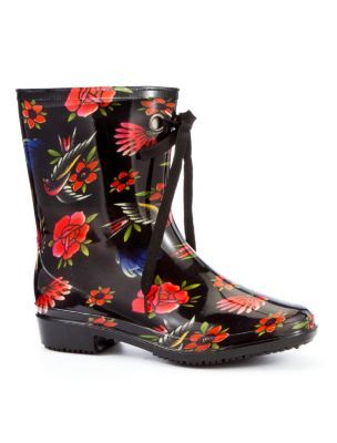 Iron Fist Society Cropped Wellington Boots - predominant colour: multicoloured; material: plastic/rubber; heel height: flat; embellishment: print; heel: standard; toe: round toe; boot length: ankle boot; style: wellies; pattern: patterned/print