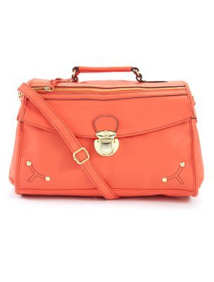 Zip Satchel Bag - predominant colour: coral; type of pattern: standard; style: structured bag; length: across body/long; size: standard; material: faux leather; embellishment: studs; pattern: plain