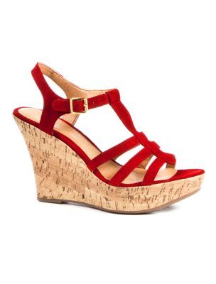 Leather Gladiator Cork Wedge Sandals - predominant colour: true red; material: leather; heel height: high; ankle detail: ankle strap; heel: wedge; toe: open toe/peeptoe; style: gladiators