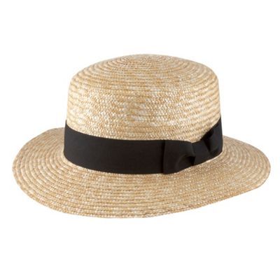 Natural Straw Ribbon Boater Hat - predominant colour: stone; type of pattern: small; style: brimmed; size: standard; material: macrame/raffia/straw; embellishment: ribbon; pattern: two-tone