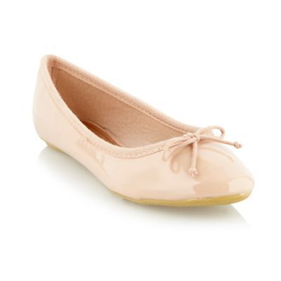 Beige Patent Ballet Pump Shoes - predominant colour: nude; material: patent; heel height: flat; embellishment: ribbon; toe: round toe; style: ballerinas / pumps; finish: patent