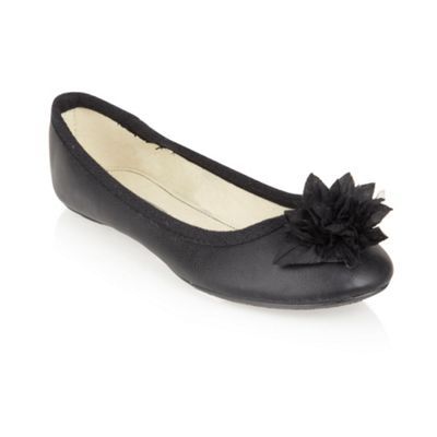 Black Flower Corsage Pumps - predominant colour: black; material: faux leather; heel height: flat; toe: round toe; style: ballerinas / pumps