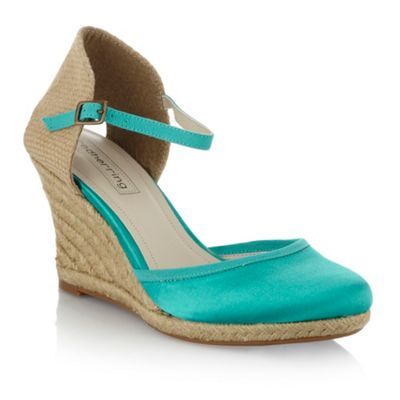 Turquoise Espadrille Wedge Shoes - predominant colour: turquoise; material: satin; heel height: mid; ankle detail: ankle strap; heel: wedge; toe: round toe; style: courts