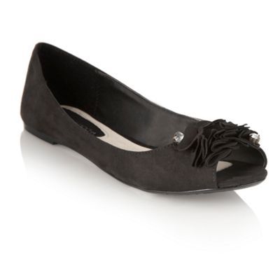 Black Ruffle Peep Toe Pumps - predominant colour: black; material: suede; heel height: flat; embellishment: jewels; toe: open toe/peeptoe; style: ballerinas / pumps