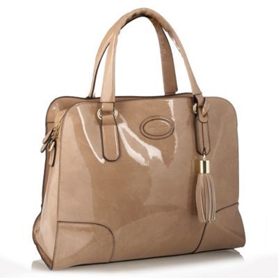 Beige Tassel Detail Grab Bag - predominant colour: stone; style: grab bag; length: shoulder (tucks under arm); size: standard; material: patent; pattern: plain; finish: patent