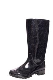 Molly Sparkle Print Pu Wellies - predominant colour: black; material: plastic/rubber; heel height: flat; embellishment: glitter; heel: block; toe: round toe; boot length: mid calf; style: wellies