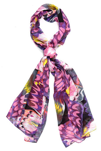 Purple Feather Floral Scarf - predominant colour: multicoloured; type of pattern: large; style: skinny; size: standard; pattern: florals