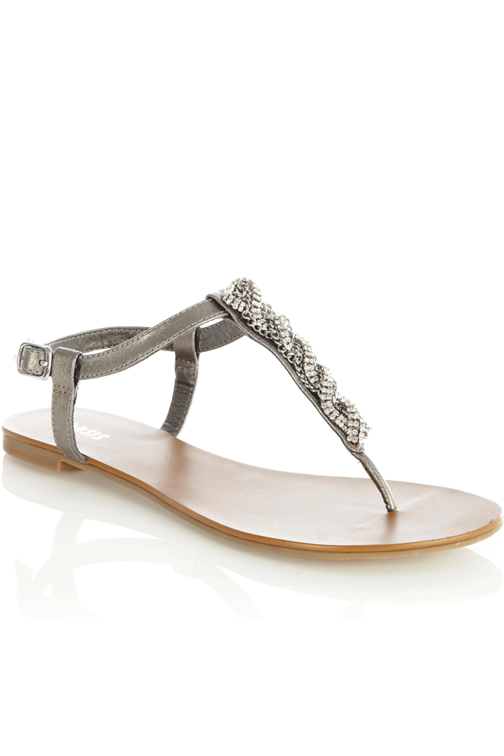 Chain Toepost Sandals - predominant colour: charcoal; material: faux leather; heel height: flat; embellishment: beading, crystals, jewels, sequins; ankle detail: ankle strap; heel: standard; toe: toe thongs; style: strappy