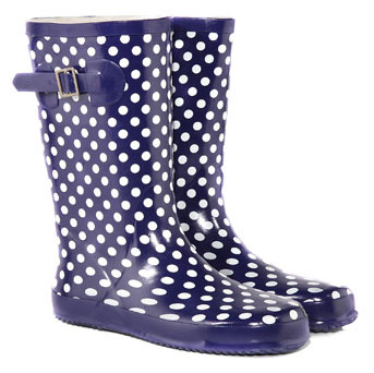 Navy Spot Low Wellies - predominant colour: navy; material: plastic/rubber; heel height: flat; embellishment: buckles, print; heel: standard; toe: round toe; boot length: mid calf; style: wellies; pattern: patterned/print