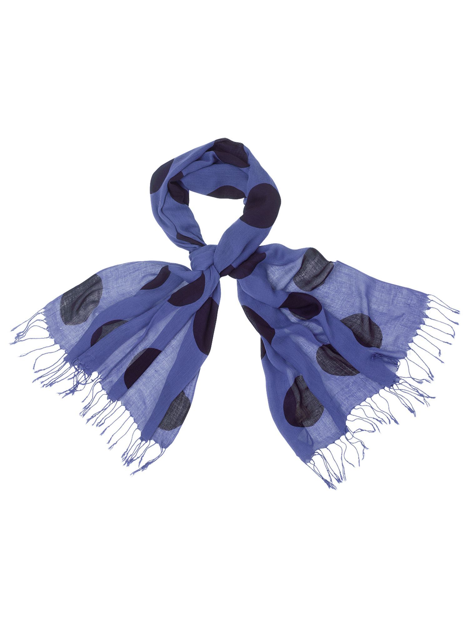 Large Spot Scarf, Blue - predominant colour: royal blue; type of pattern: light; style: regular; size: standard; material: fabric; embellishment: tassels; pattern: polka dot