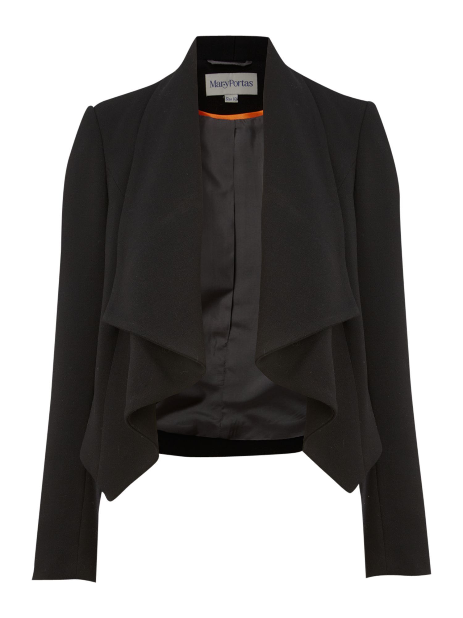Women's Cropped Jacket With Drape Collar, Black - pattern: plain; style: cropped; shoulder detail: shoulder pads; collar: shawl/waterfall; length: cropped; predominant colour: black; occasions: evening, work; fit: tailored/fitted; fibres: polyester/polyamide - mix; sleeve length: long sleeve; sleeve style: standard; collar break: low/open; pattern type: fabric; pattern size: standard