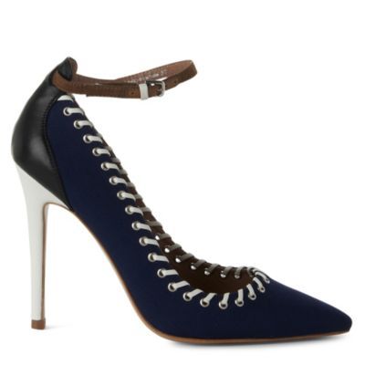 Jw Anderson Weatherbee Eyelet Courts - predominant colour: navy; material: fabric; heel height: high; embellishment: buckles; ankle detail: ankle strap; heel: stiletto; toe: pointed toe; style: courts