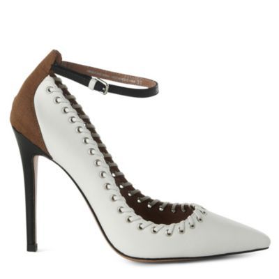 Jw Anderson Weatherbee Eyelet Courts - predominant colour: white; material: leather; heel height: high; embellishment: buckles; ankle detail: ankle strap; heel: stiletto; toe: pointed toe; style: courts