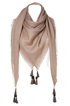 The Satia Dark Sand Wool Scarf - predominant colour: stone; style: square; size: large; material: knits; embellishment: tassels; pattern: plain