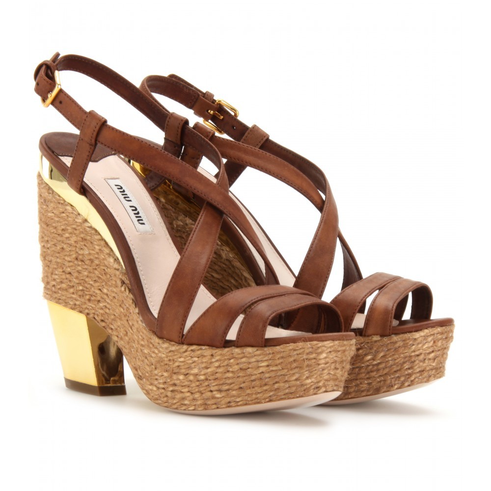 Espadrille Detailed Leather Platform Sandals - predominant colour: tan; material: leather; heel height: high; heel: platform; toe: open toe/peeptoe; style: strappy