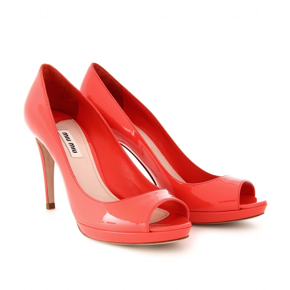 Patent Leather Peep Toe Pumps - predominant colour: coral; material: patent; heel height: high; heel: stiletto; toe: open toe/peeptoe; style: courts; finish: patent