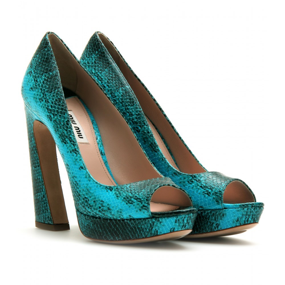 Ayers Embossed Peep Toe Pumps - predominant colour: turquoise; material: leather; heel height: high; embellishment: animal print, print; heel: block; toe: open toe/peeptoe; style: courts; pattern: animal print, patterned/print