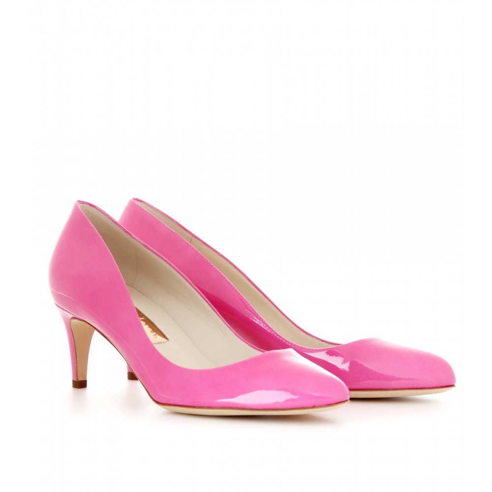 Stella Patent Leather Pumps - predominant colour: pink; material: leather; heel height: mid; heel: kitten; toe: pointed toe; style: courts