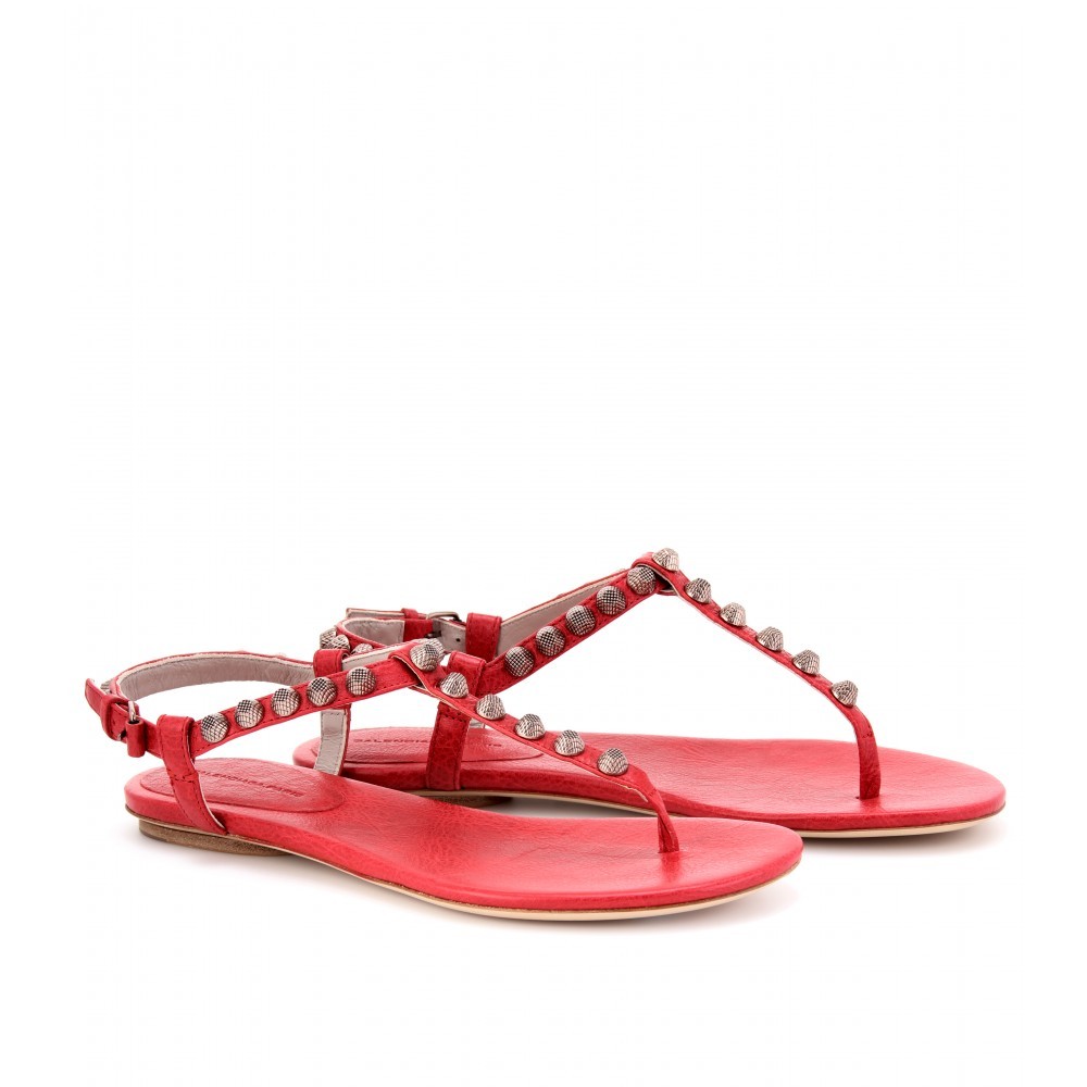 Giant Studded Leather Sandals - predominant colour: coral; material: leather; heel height: flat; embellishment: studs; ankle detail: ankle strap; heel: standard; toe: open toe/peeptoe; style: flip flops / toe post
