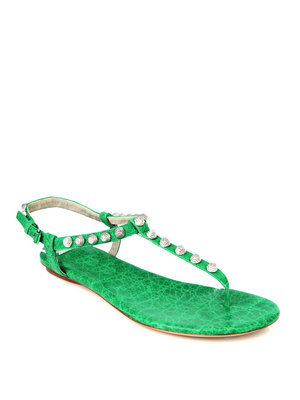 Arena Sandals - predominant colour: emerald green; material: leather; heel height: flat; embellishment: beading; ankle detail: ankle strap; heel: standard; toe: toe thongs; style: strappy