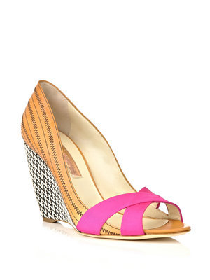 Kibo Woven Shoes - predominant colour: hot pink; material: leather; heel height: high; embellishment: embroidered, print; heel: wedge; toe: open toe/peeptoe; style: strappy; pattern: patterned/print