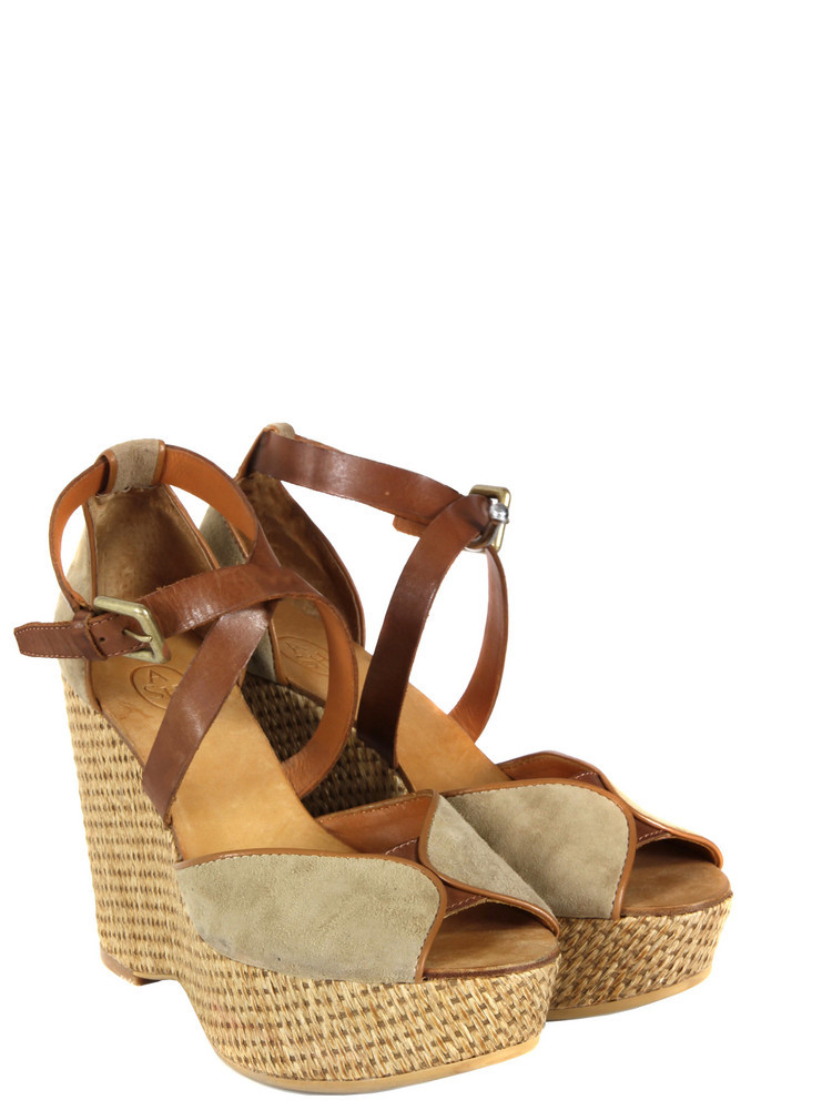 Parasol Nocciola & Camel Shoes - predominant colour: camel; material: suede; heel height: high; embellishment: buckles; ankle detail: ankle strap; heel: wedge; toe: open toe/peeptoe; style: strappy