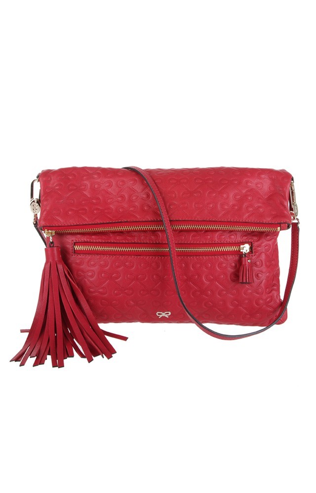 Maeve Clutch Soft Calf Red - predominant colour: true red; type of pattern: light; style: clutch; length: hand carry; size: small; material: leather; embellishment: tassels, zips; pattern: abstract, patterned/print