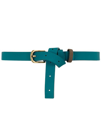 Teal Triple Keeper Belt - predominant colour: teal; style: classic; size: skinny; worn on: waist; material: faux leather; pattern: plain