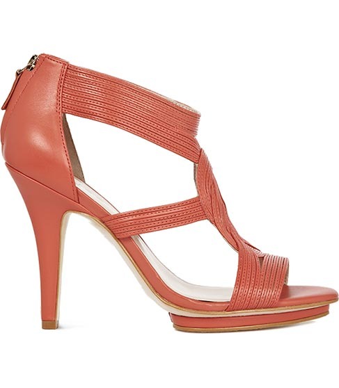 Lottie Strap Detail High Sandal - predominant colour: coral; material: leather; heel height: high; embellishment: zips; ankle detail: ankle strap; heel: stiletto; toe: open toe/peeptoe; style: courts