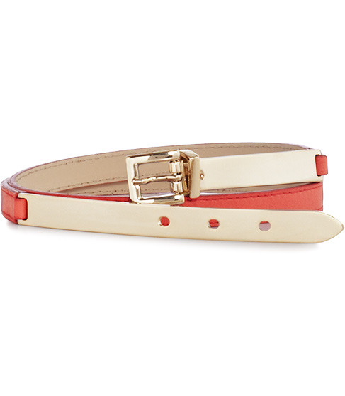 Evelyn Metal Buckle Front Belt - predominant colour: coral; type of pattern: small; style: classic; size: skinny; worn on: hips; material: leather; pattern: two-tone