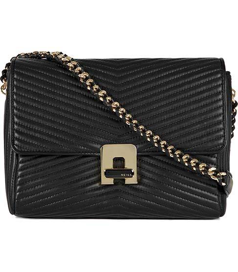 Romeo Quilted Chain Shoulder Bag - predominant colour: black; type of pattern: standard; style: shoulder; length: across body/long; size: small; material: leather; embellishment: quilted; pattern: plain