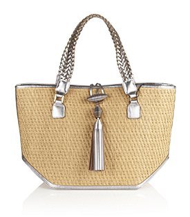Iman Straw Basket Tote - predominant colour: camel; style: tote; length: shoulder (tucks under arm); size: standard; material: macrame/raffia/straw; embellishment: tassels