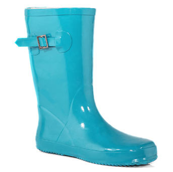 Turquoise Low Wellies - predominant colour: turquoise; material: plastic/rubber; heel height: flat; embellishment: buckles; heel: standard; toe: round toe; boot length: mid calf; style: wellies