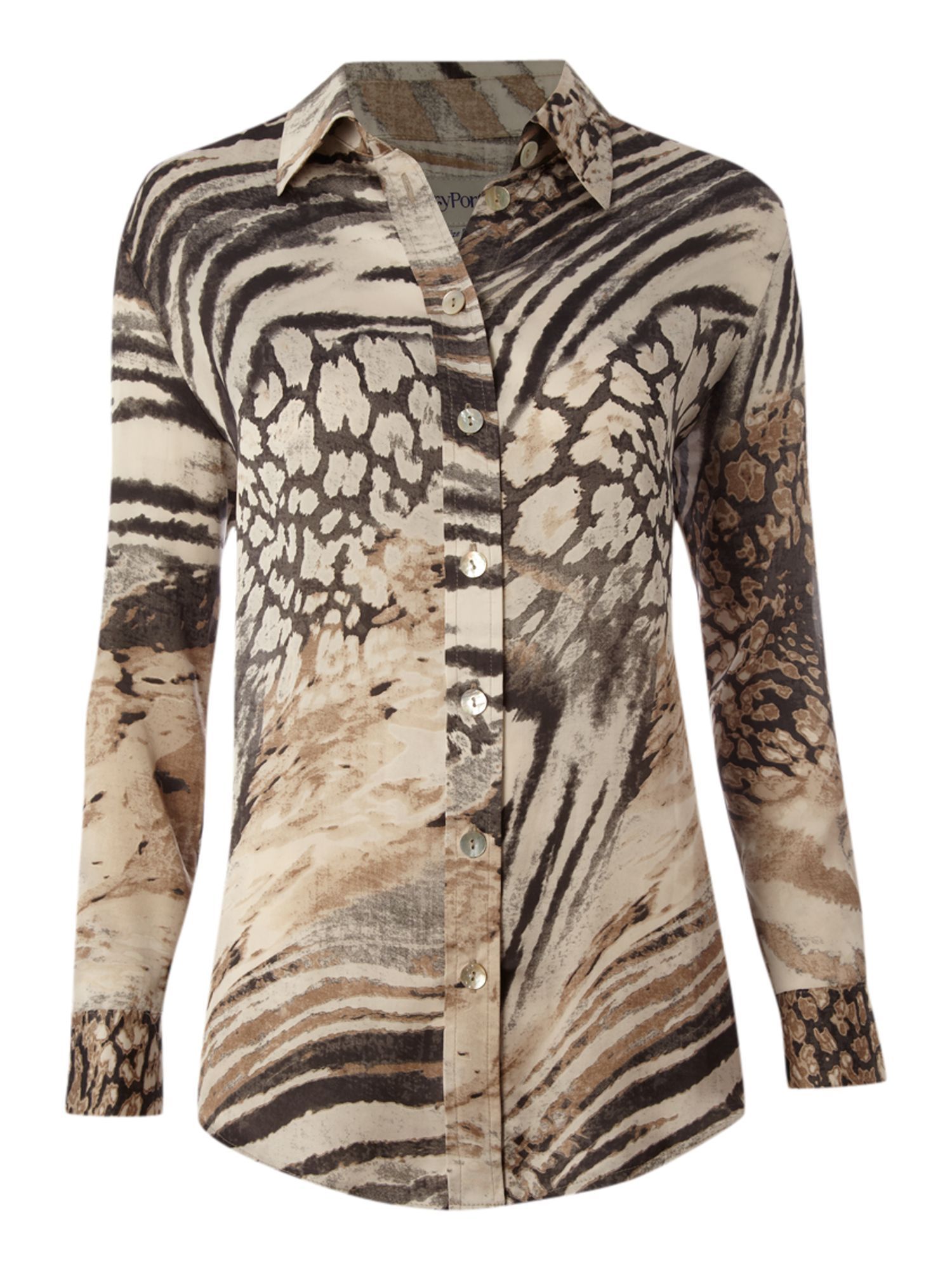 Women's Animal Print Shirt, Multi Coloured - neckline: shirt collar/peter pan/zip with opening; waist detail: fitted waist; length: below the bottom; style: shirt; pattern: big animal print, animal print; bust detail: buttons at bust (in middle at breastbone)/zip detail at bust; predominant colour: chocolate brown; occasions: casual, evening, work; fibres: polyester/polyamide - 100%; fit: tailored/fitted; trends: prints; sleeve length: long sleeve; sleeve style: standard; pattern type: fabric; pattern size: big & busy