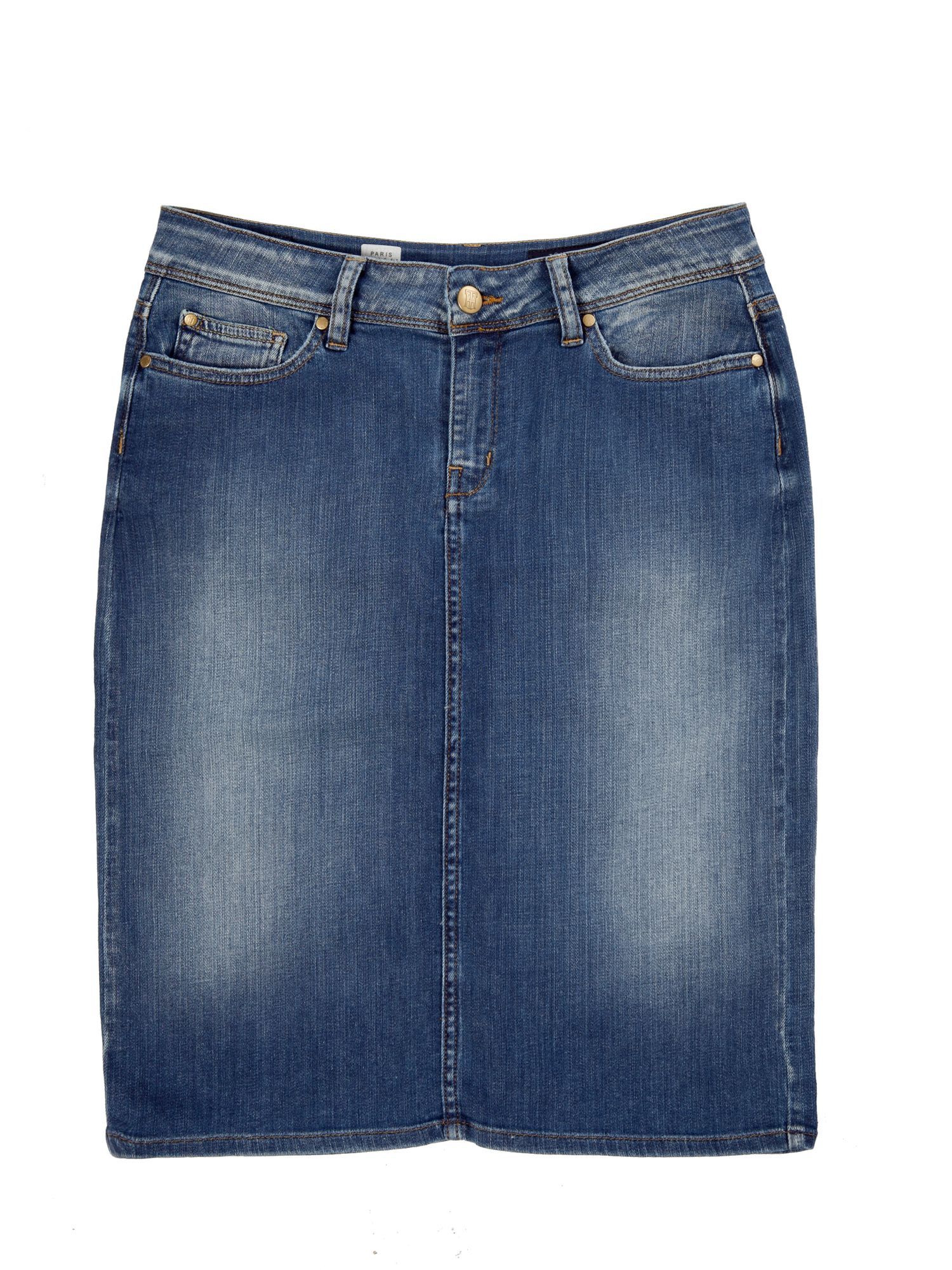 Women's Paris Skirt Clean Boston Blue, Blue - pattern: plain; style: pencil; fit: tailored/fitted; hip detail: front pockets at hip; waist: mid/regular rise; predominant colour: denim; occasions: casual; length: on the knee; fibres: cotton - stretch; material texture: denim; trends: aquatic; texture group: denim; pattern type: fabric; pattern size: standard