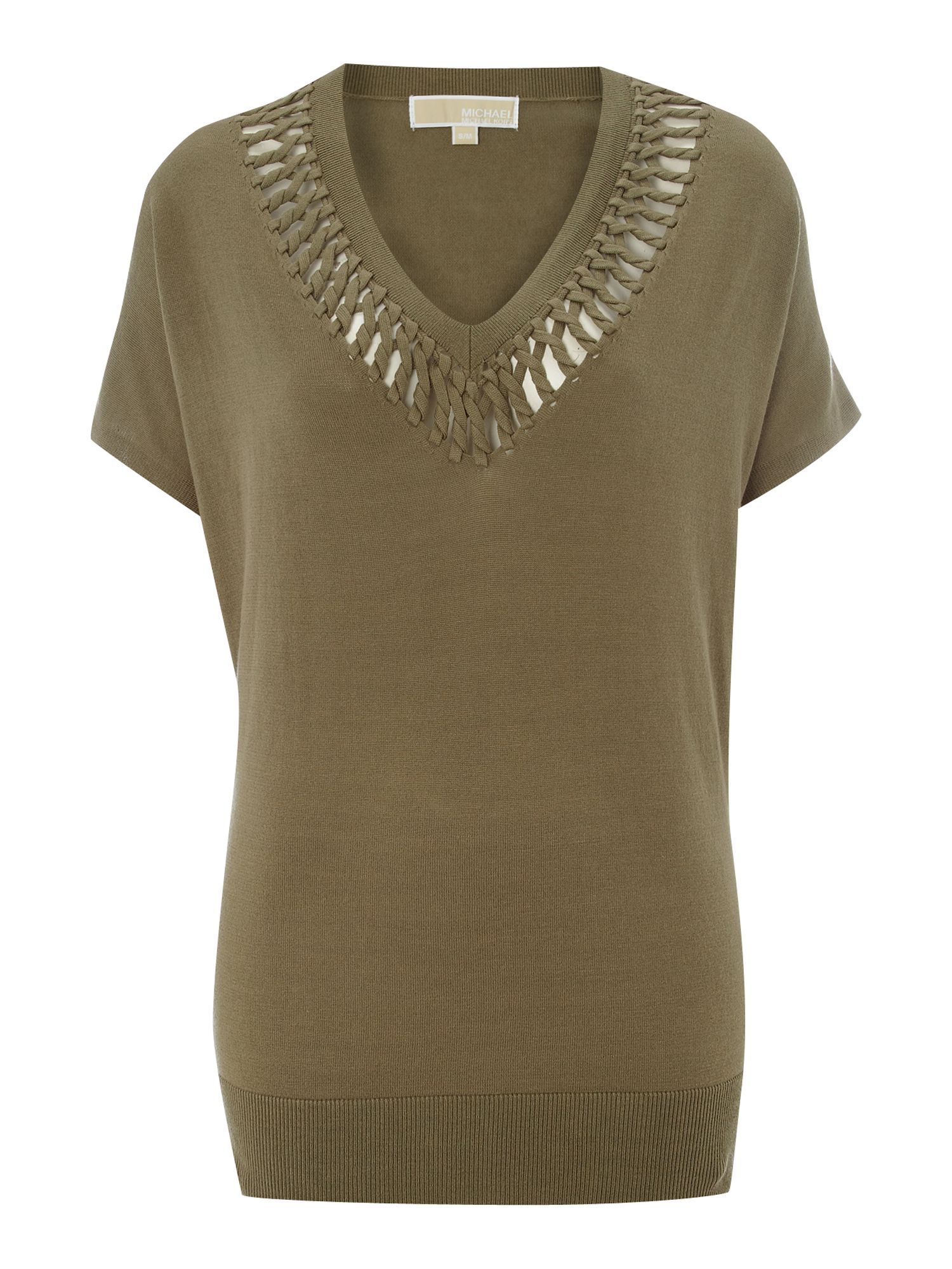 Women's Latice Knit Top, Green - neckline: v-neck; sleeve style: dolman/batwing; pattern: plain, lightly patterned, patterned/print; bust detail: added detail/embellishment at bust; length: below the bottom; hip detail: fitted at hip, fitted hem at hip; predominant colour: khaki; occasions: casual, evening, work; style: top; fibres: cotton - mix; fit: straight cut; sleeve length: short sleeve; pattern type: fabric; pattern size: small & light