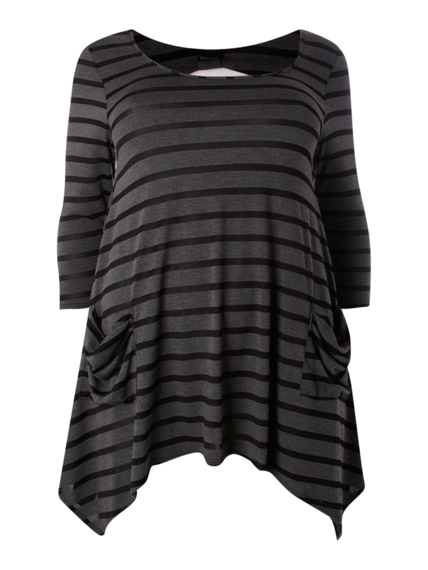 Women's Asymmetric Stripe Tunic, Grey - pattern: horizontal stripes; length: below the bottom; style: tunic; hip detail: front pockets at hip, soft pleats at hip/draping at hip/flared at hip; back detail: low cut/open back; predominant colour: charcoal; occasions: casual; neckline: scoop; fibres: polyester/polyamide - stretch; material texture: jersey; fit: loose; sleeve length: 3/4 length; sleeve style: standard; pattern type: fabric; pattern size: standard; texture group: jersey - stretchy/drapey