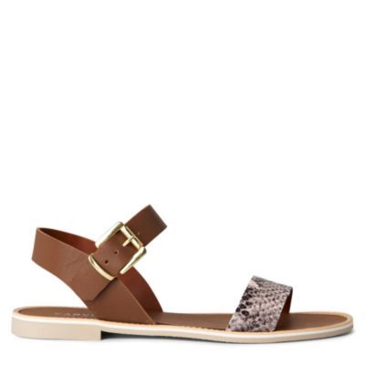 Kook Flat Sandals - predominant colour: tan; material: leather; heel height: flat; embellishment: animal print, buckles; ankle detail: ankle strap; heel: standard; toe: open toe/peeptoe; style: strappy; pattern: animal print