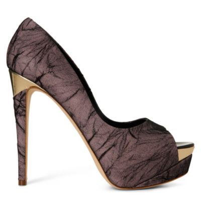 Hydra Platform Courts - predominant colour: black; material: fabric; heel height: high; embellishment: print; heel: platform; toe: open toe/peeptoe; style: courts; pattern: patterned/print